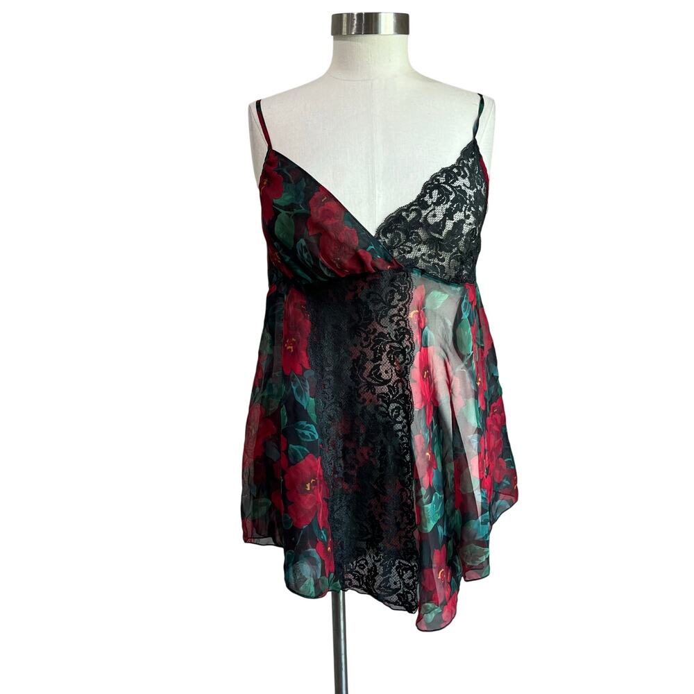 Victoria‎ Secret Gold Label Sheer Floral Red & Black Lace Babydoll Chemise Sz M